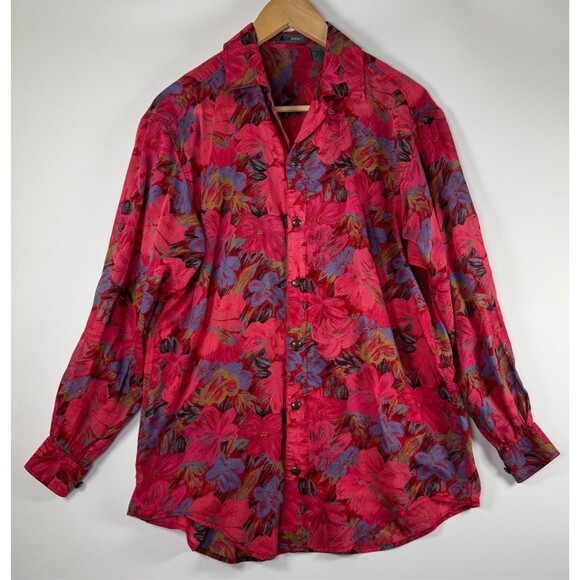 Vintage LizWear Womens Button Up Blouse Small Red Pink Floral Cotton 80s 90s - Picture 1 of 15